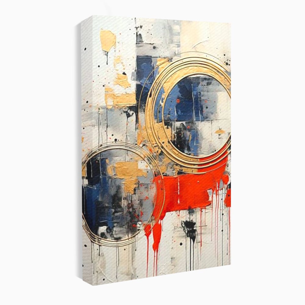 Tablou canvas cu tablou abstract cu cercuri aurii si tuse rosu aprins, fara rama, pe sasiu de lemn